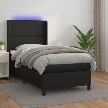 Cama Para Adultos | Cama Box Spring Colchón Y Led Cuero Sintético Negro 100x200 Cm Cfw646843