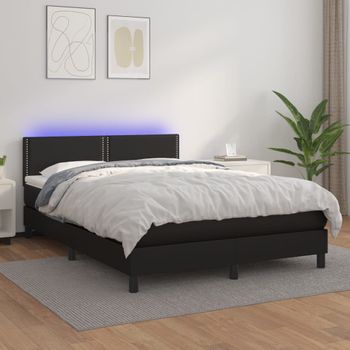 Cama Doble | Cama Box Spring | Cama Para Adultos Colchón Y Led Cuero Sintético Negro 140x190 Cm Cfw564573