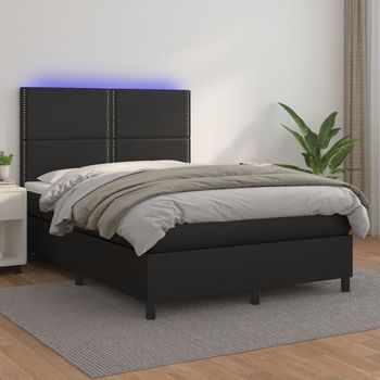 Cama Doble | Cama Box Spring | Cama Para Adultos Colchón Y Led Cuero Sintético Negro 140x190 Cm Cfw467695