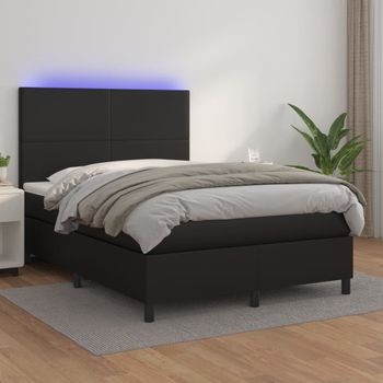 Cama Doble | Cama Box Spring | Cama Para Adultos Colchón Y Led Cuero Sintético Negro 140x190 Cm Cfw943010