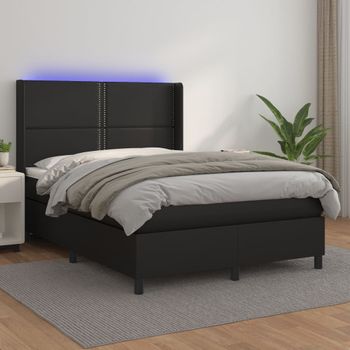 Cama Doble | Cama Box Spring | Cama Para Adultos Colchón Y Led Cuero Sintético Negro 140x190 Cm Cfw370089