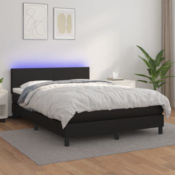 Cama Doble | Cama Box Spring | Cama Para Adultos Colchón Y Led Cuero Sintético Negro 140x200 Cm Cfw596181