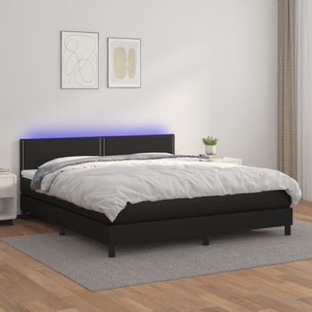 Cama Doble | Cama Box Spring | Cama Para Adultos Colchón Y Led Cuero Sintético Negro 160x200 Cm Cfw703675