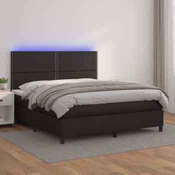 Cama Doble | Cama Box Spring | Cama Para Adultos Colchón Y Led Cuero Sintético Negro 160x200 Cm Cfw553616