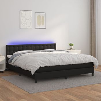 Cama Doble | Cama Box Spring | Cama Para Adultos Colchón Y Led Cuero Sintético Negro 160x200 Cm Cfw646254