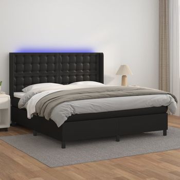 Cama Doble | Cama Box Spring | Cama Para Adultos Colchón Y Led Cuero Sintético Negro 160x200 Cm Cfw430745