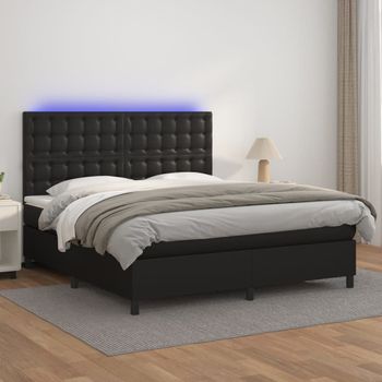 Cama Doble | Cama Box Spring | Cama Para Adultos Colchón Y Led Cuero Sintético Negro 160x200 Cm Cfw835846