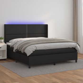 Cama Doble | Cama Box Spring | Cama Para Adultos Colchón Y Led Cuero Sintético Negro 160x200 Cm Cfw569687