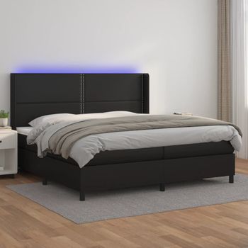 Cama Para Adultos | Cama Box Spring Colchón Y Led Cuero Sintético Negro 200x200 Cm Cfw921646