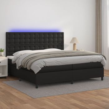 Cama Doble | Cama Box Spring | Cama Para Adultos Colchón Y Led Cuero Sintético Negro 200x200 Cm Cfw623056