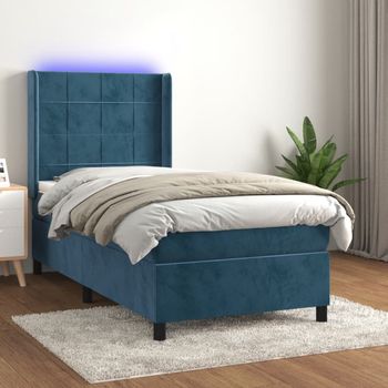 Cama Individual | Cama Para Adultos | Cama Box Spring Colchón Y Led Terciopelo Azul Oscuro 100x200 Cm Cfw416248