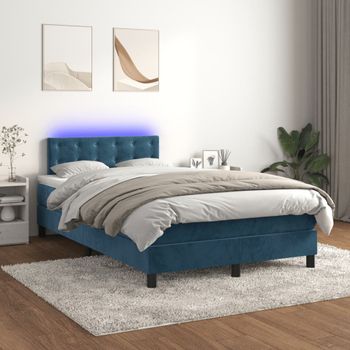 Cama Matrimonial | Cama Para Adultos | Cama Box Spring Colchón Y Led Terciopelo Azul Oscuro 120x200 Cm Cfw611591