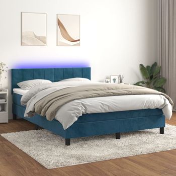 Cama Matrimonial | Cama Para Adultos | Cama Box Spring Colchón Y Led Terciopelo Azul Oscuro 140x190 Cm Cfw533771