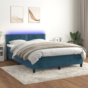 Cama Matrimonial | Cama Para Adultos | Cama Box Spring Colchón Y Led Terciopelo Azul Oscuro 140x190 Cm Cfw157133