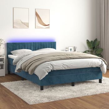 Cama Matrimonial | Cama Para Adultos | Cama Box Spring Colchón Y Led Terciopelo Azul Oscuro 140x190 Cm Cfw304127