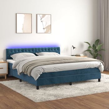 Cama Doble | Cama Box Spring | Cama Para Adultos Colchón Y Led Terciopelo Azul Oscuro 160x200 Cm Cfw272719