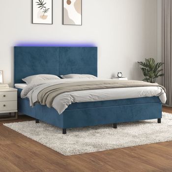 Cama Matrimonial | Cama Para Adultos | Cama Box Spring Colchón Y Led Terciopelo Azul Oscuro 180x200 Cm Cfw739194