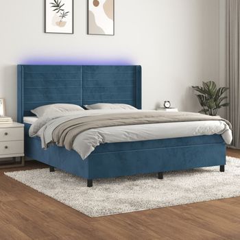 Cama Matrimonial | Cama Para Adultos | Cama Box Spring Colchón Y Led Terciopelo Azul Oscuro 180x200 Cm Cfw792663