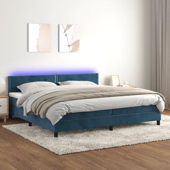 Cama Doble | Cama Box Spring | Cama Para Adultos Colchón Y Led Terciopelo Azul Oscuro 200x200 Cm Cfw383180