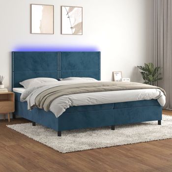 Cama Doble | Cama Box Spring | Cama Para Adultos Colchón Y Led Terciopelo Azul Oscuro 200x200 Cm Cfw238642