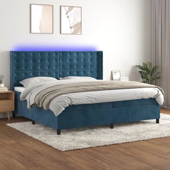 Cama Matrimonial | Cama Para Adultos | Cama Box Spring Colchón Y Led Terciopelo Azul Oscuro 200x200 Cm Cfw848916