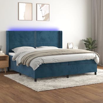 Cama Doble | Cama Box Spring | Cama Para Adultos Colchón Y Led Terciopelo Azul Oscuro 200x200 Cm Cfw907605