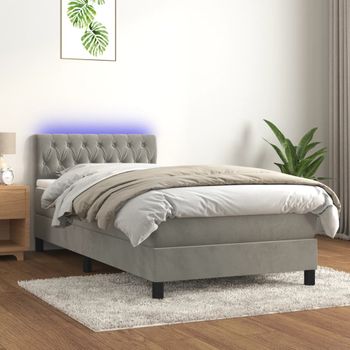 Cama Individual | Cama Box Spring | Cama Para Adultos Colchón Y Led Terciopelo Gris Claro 100x200 Cm Cfw743504