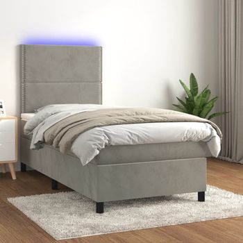 Cama Individual | Cama Box Spring | Cama Para Adultos Colchón Y Led Terciopelo Gris Claro 100x200 Cm Cfw882660