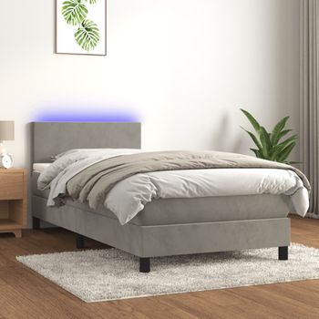 Cama Individual | Cama Para Adultos | Cama Box Spring Colchón Y Led Terciopelo Gris Claro 100x200 Cm Cfw667650