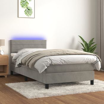 Cama Individual | Cama Box Spring | Cama Para Adultos Colchón Y Led Terciopelo Gris Claro 100x200 Cm Cfw505867