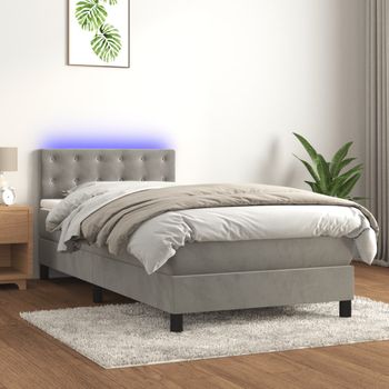 Cama Individual | Cama Box Spring | Cama Para Adultos Colchón Y Led Terciopelo Gris Claro 100x200 Cm Cfw854302