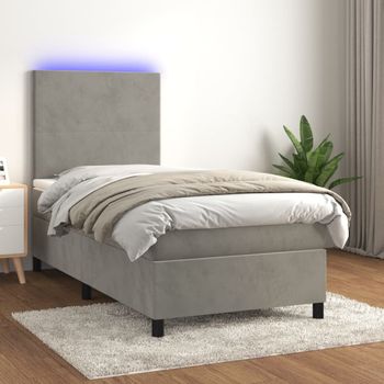 Cama Individual | Cama Box Spring | Cama Para Adultos Colchón Y Led Terciopelo Gris Claro 100x200 Cm Cfw151804