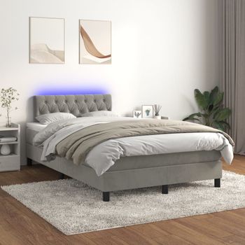 Cama Doble | Cama Box Spring | Cama Para Adultos Colchón Y Led Terciopelo Gris Claro 120x200 Cm Cfw171820