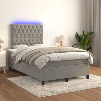 Cama Doble | Cama Box Spring | Cama Para Adultos Colchón Y Led Terciopelo Gris Claro 120x200 Cm Cfw656288