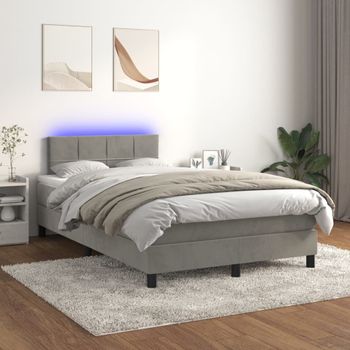 Cama Doble | Cama Box Spring | Cama Para Adultos Colchón Y Led Terciopelo Gris Claro 120x200 Cm Cfw386847