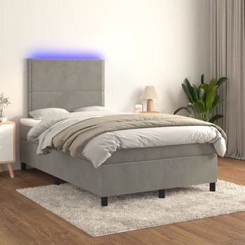 Cama Doble | Cama Box Spring | Cama Para Adultos Colchón Y Led Terciopelo Gris Claro 120x200 Cm Cfw575752