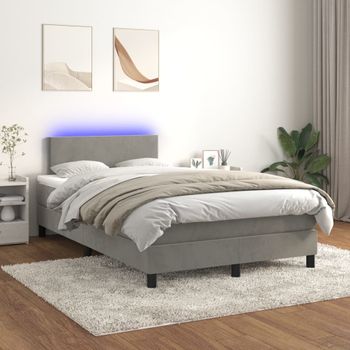 Cama Matrimonial | Cama Para Adultos | Cama Box Spring Colchón Y Led Terciopelo Gris Claro 120x200 Cm Cfw485520