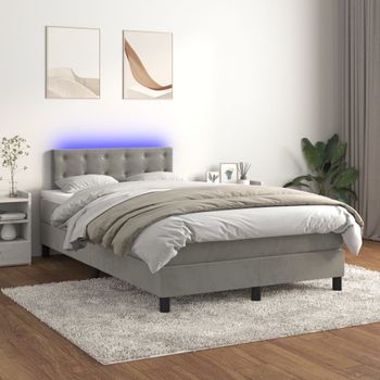 Cama Doble | Cama Box Spring | Cama Para Adultos Colchón Y Led Terciopelo Gris Claro 120x200 Cm Cfw408237