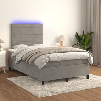 Cama Doble | Cama Box Spring | Cama Para Adultos Colchón Y Led Terciopelo Gris Claro 120x200 Cm Cfw851295