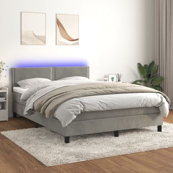 Cama Matrimonial | Cama Para Adultos | Cama Box Spring Colchón Y Led Terciopelo Gris Claro 140x190 Cm Cfw208601