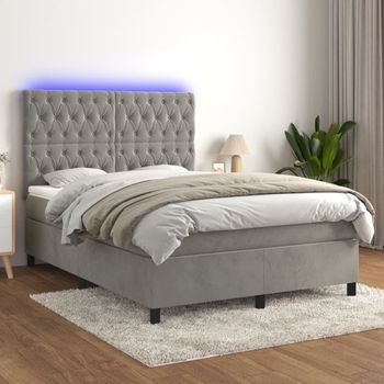 Cama Doble | Cama Box Spring | Cama Para Adultos Colchón Y Led Terciopelo Gris Claro 140x190 Cm Cfw446864