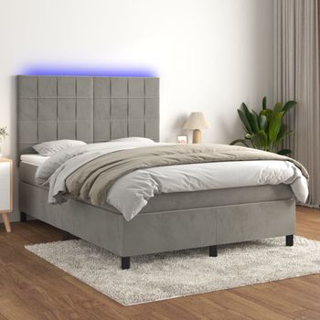 Cama Doble | Cama Box Spring | Cama Para Adultos Colchón Y Led Terciopelo Gris Claro 140x190 Cm Cfw332112