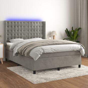 Cama Matrimonial | Cama Para Adultos | Cama Box Spring Colchón Y Led Terciopelo Gris Claro 140x190 Cm Cfw883279