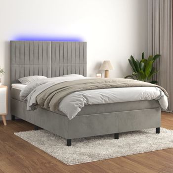 Cama Matrimonial | Cama Para Adultos | Cama Box Spring Colchón Y Led Terciopelo Gris Claro 140x200 Cm Cfw623465