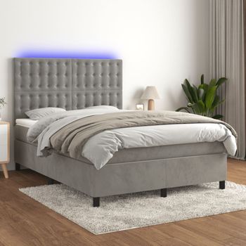 Cama Matrimonial | Cama Para Adultos | Cama Box Spring Colchón Y Led Terciopelo Gris Claro 140x200 Cm Cfw29098