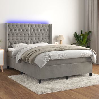 Cama Doble | Cama Box Spring | Cama Para Adultos Colchón Y Led Terciopelo Gris Claro 140x200 Cm Cfw398449