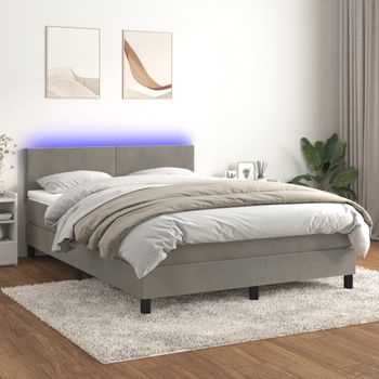 Cama Doble | Cama Box Spring | Cama Para Adultos Colchón Y Led Terciopelo Gris Claro 140x200 Cm Cfw204721