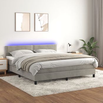 Cama Matrimonial | Cama Para Adultos | Cama Box Spring Colchón Y Led Terciopelo Gris Claro 160x200 Cm Cfw125452