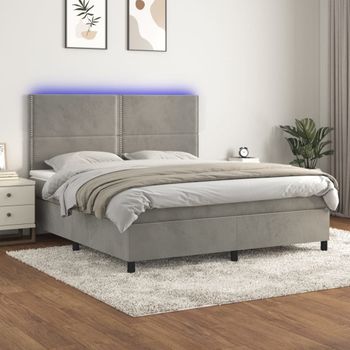 Cama Matrimonial | Cama Para Adultos | Cama Box Spring Colchón Y Led Terciopelo Gris Claro 160x200 Cm Cfw703503