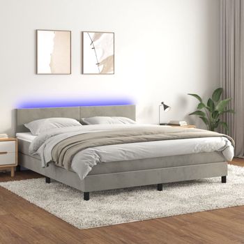 Cama Matrimonial | Cama Para Adultos | Cama Box Spring Colchón Y Led Terciopelo Gris Claro 180x200 Cm Cfw211979